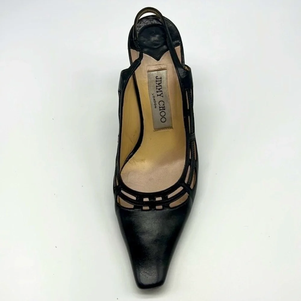 Jimmy Choo - Black Soft Leather Sling Back Cutout Square Toe Heels Size 36.5